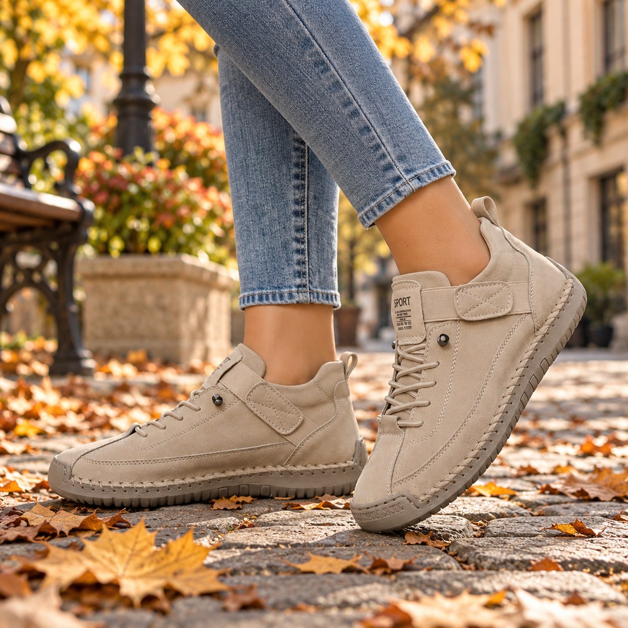 MAYA in Beige, getragen auf Kopfsteinpflaster im Herbstlaub