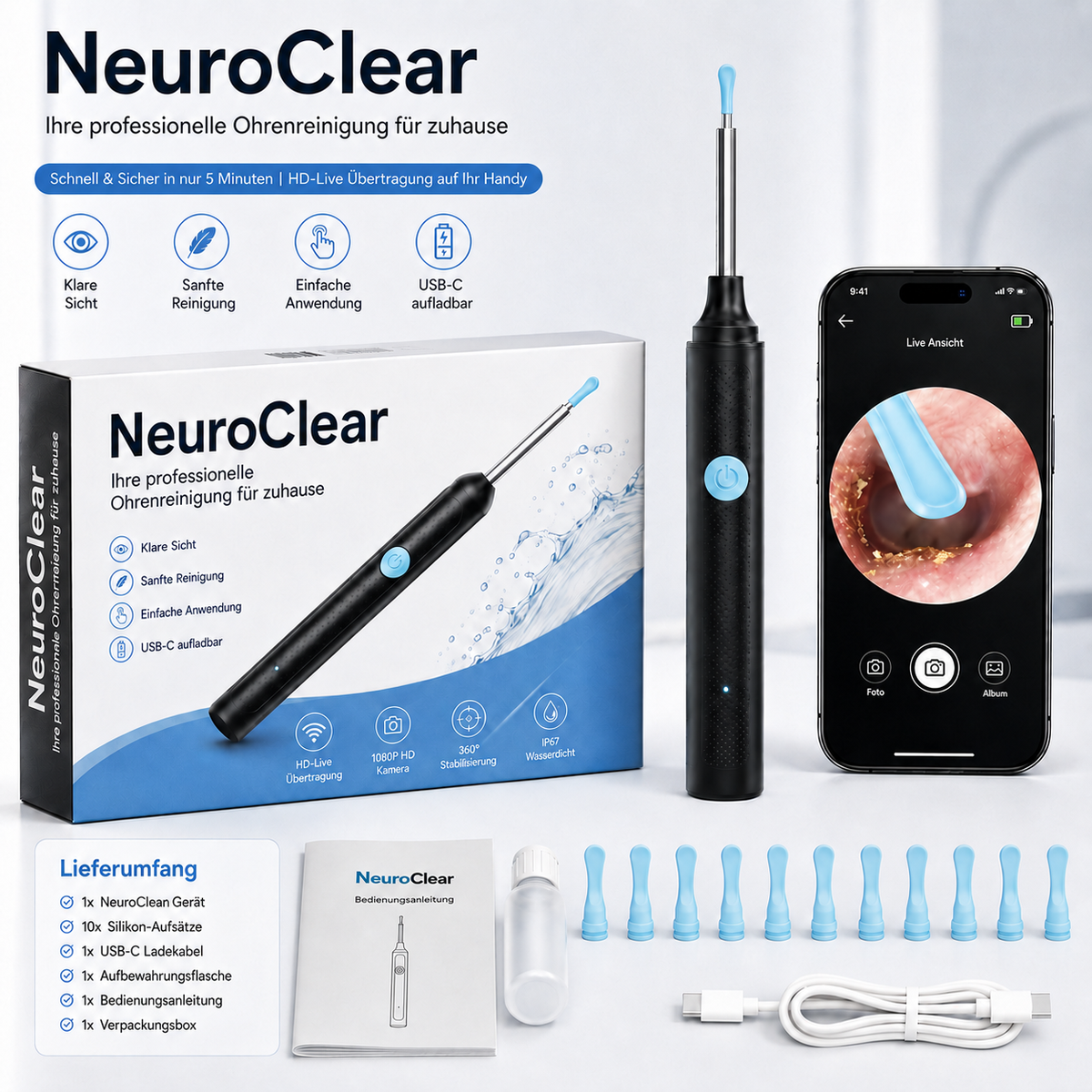 NeuroClear - Professionelles Ohrenreinigungssystem für Zuhause I Sauberes Ohr in 5 Minuten