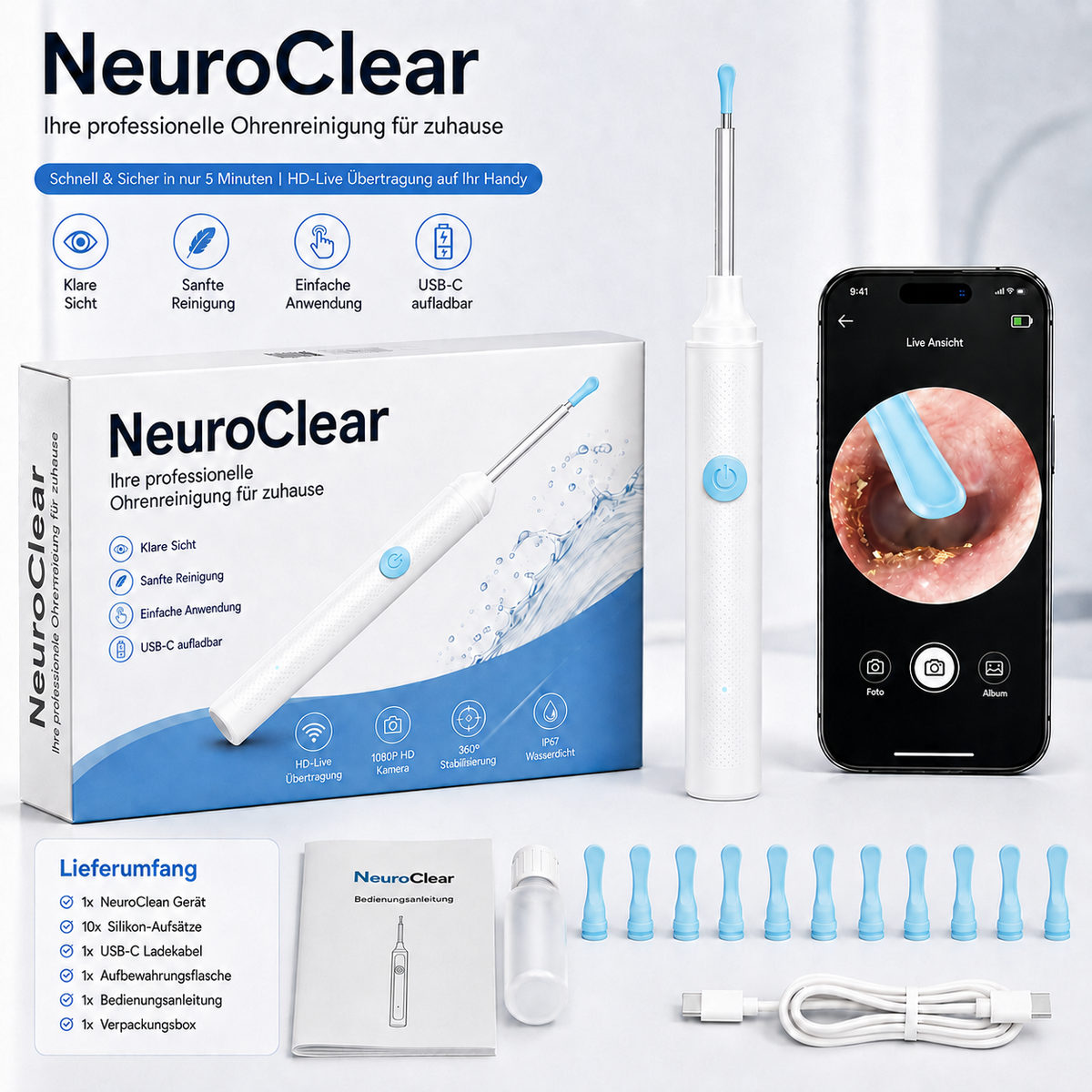 NeuroClear - Professionelles Ohrenreinigungssystem für Zuhause I Sauberes Ohr in 5 Minuten